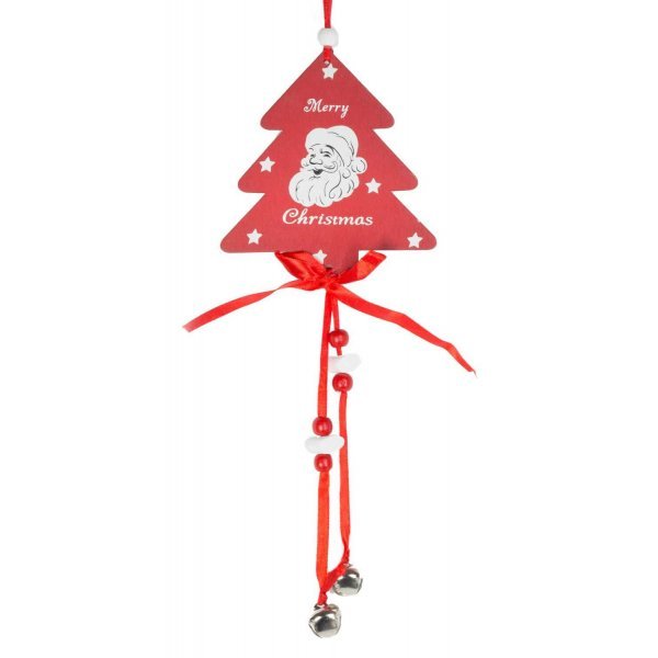 Χριστουγεννιάτικο Κρεμαστό Ξύλινο Δεντράκι, Κόκκινο με Άγιο Βασίλη και Κουδουνάκια (30cm)